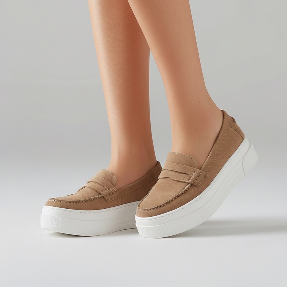J/Slides AVA platform penny loafers in a light sand suede